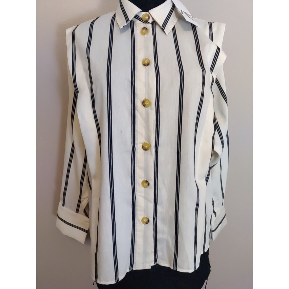 Zara Women Ivory Black Strip Pleated Front Collar Business Formal Shirt Size L
